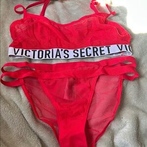 Victoria's Secret Vibrant Red Mesh Bra and Panty Set